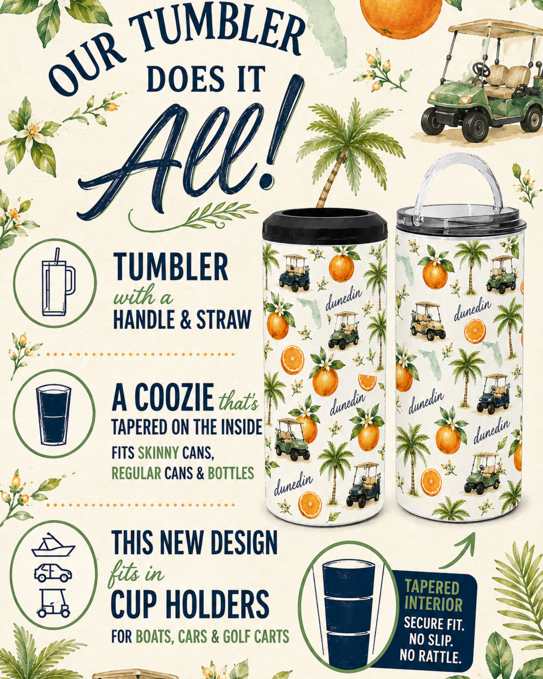 Dunedin Golf Cart Tumbler with Handle &amp; Straw | Can Cooler + Travel Tumbler