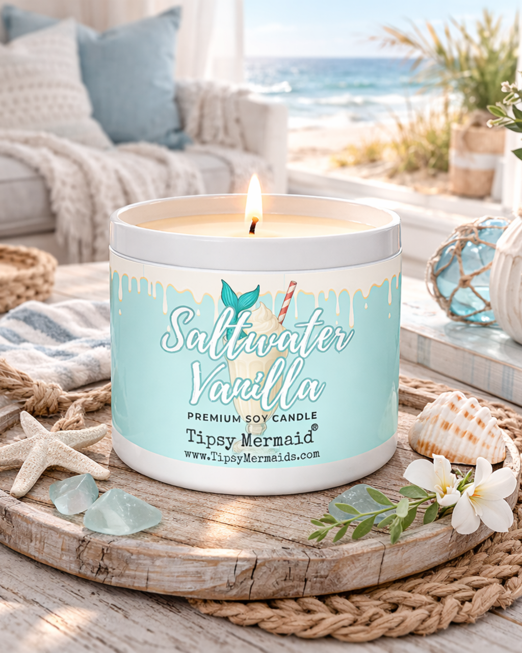 Tipsy Mermaid® Saltwater Vanilla Premium Soy Candle and Wax Melts