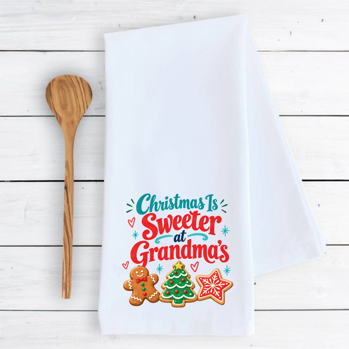 Holiday Tea Towel Flamingo- Christmas Is Sweeter at Grandma’s Tea Towel