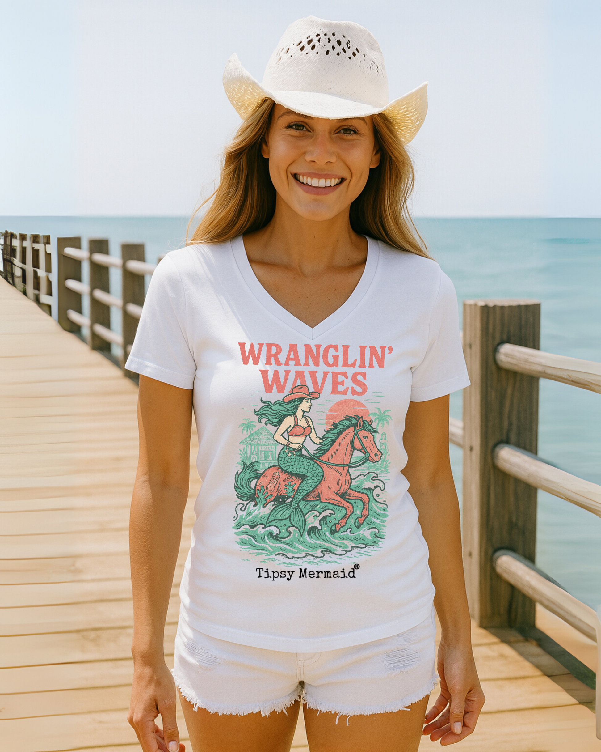 Wranglin Waves Coastal Cowgirl Tee by Tipsy Mermaid® White