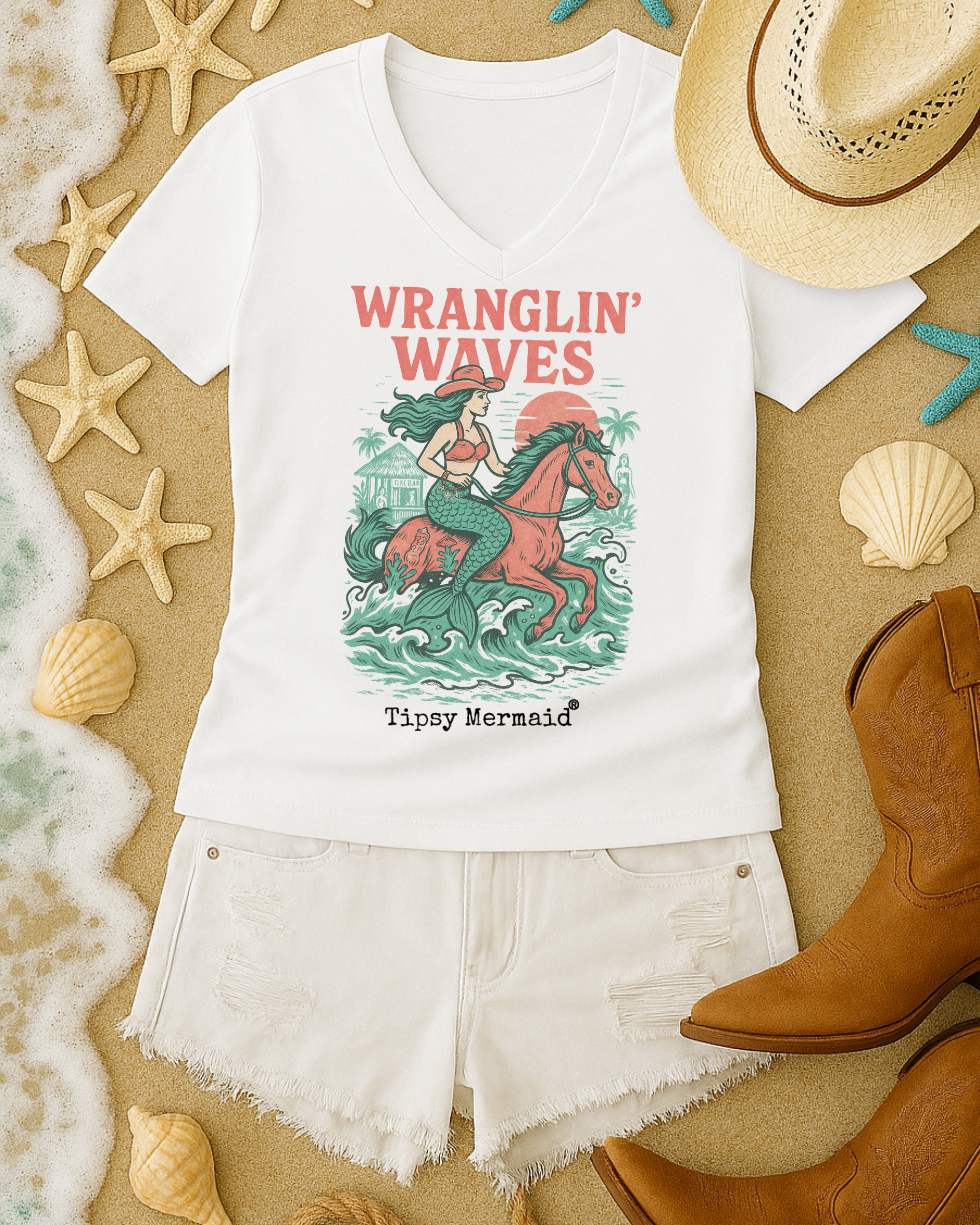 Wranglin Waves Coastal Cowgirl Tee by Tipsy Mermaid® White